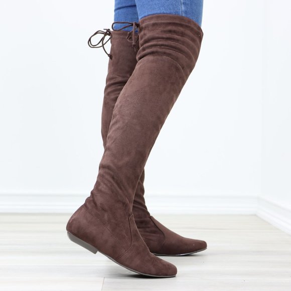 Brown Thigh High Over The Knee Flat Boots Faux Suede - Picture 6 of 13